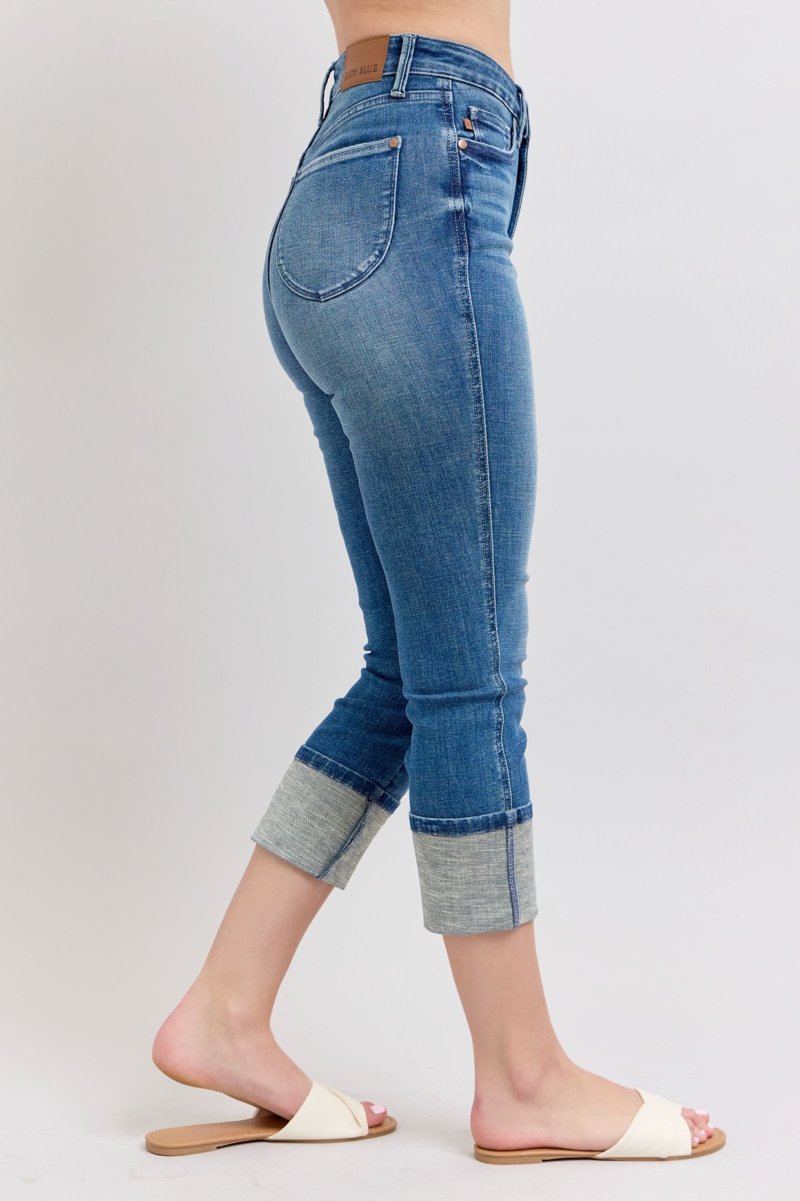 HIGH WAIST TUMMY CONTROL MEDIUM WASH BACK SHIELD POCKETS & CUFFED CAPRIS JUDY BLUE DENIM-PLUS