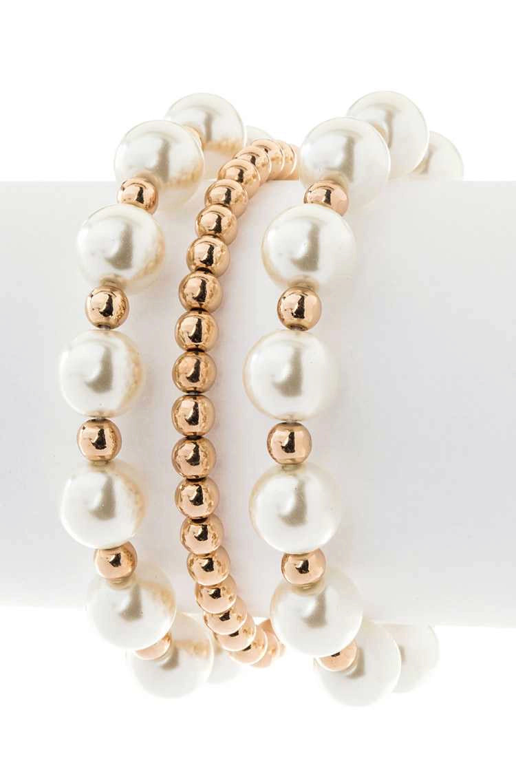 MIX-PEARLS & METALS STRETCH BRACELET SET- GOLD