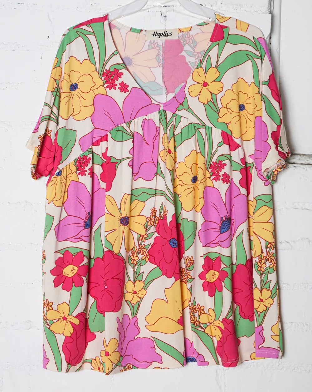 IVORY YELLOW GREEN PINK FLORAL DROP-BABYDOLL VNECK TOP-PLUS