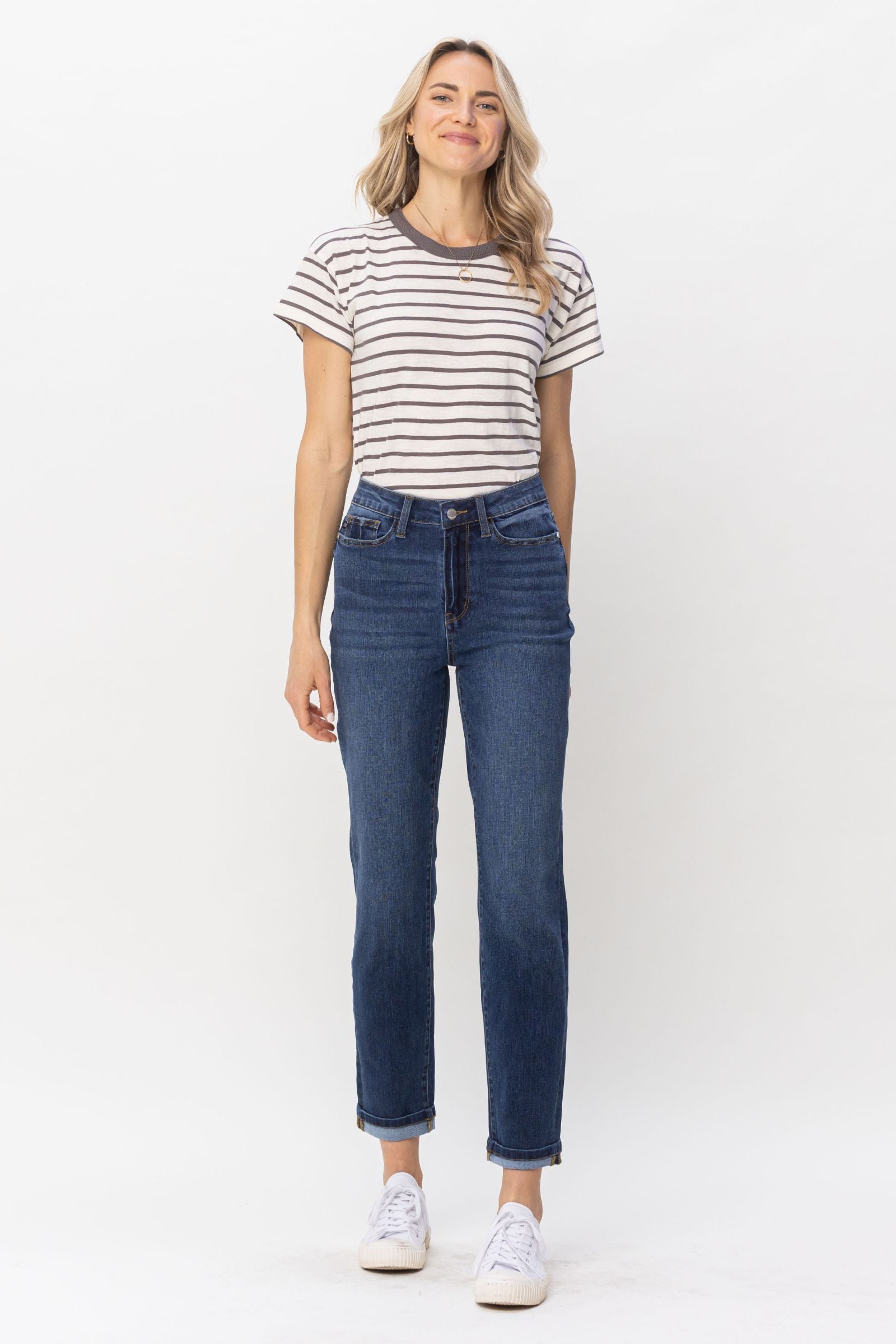 DARKWASH HIGH WAIST COOL DENIM SUSTAINABLE CUFF BOYFRIEND JUDY BLUE DENIM-PLUS