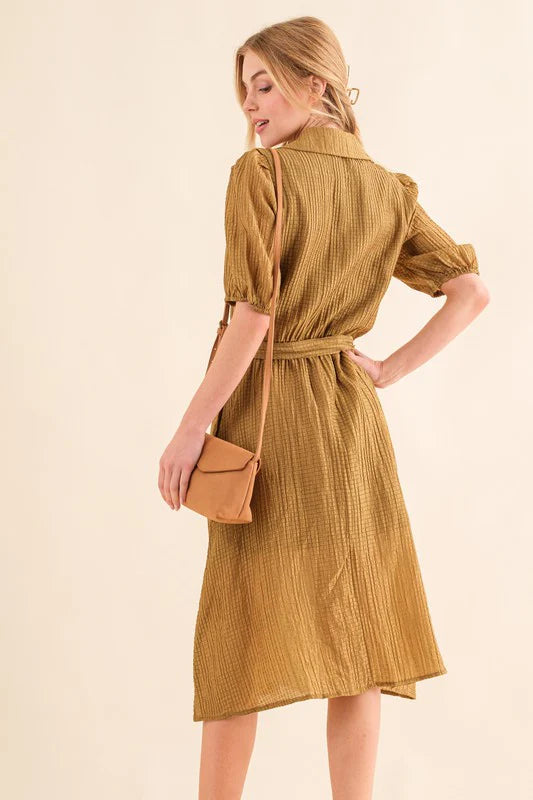MARIGOLD TEXTURED LINED MIDI WAIST TIE DRESS-PLUS