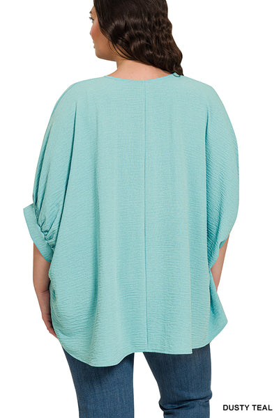 DUSTY TEAL WOVEN AIRFLOW V-NECK PUFF HALF SLEEVE TOP -PLUS