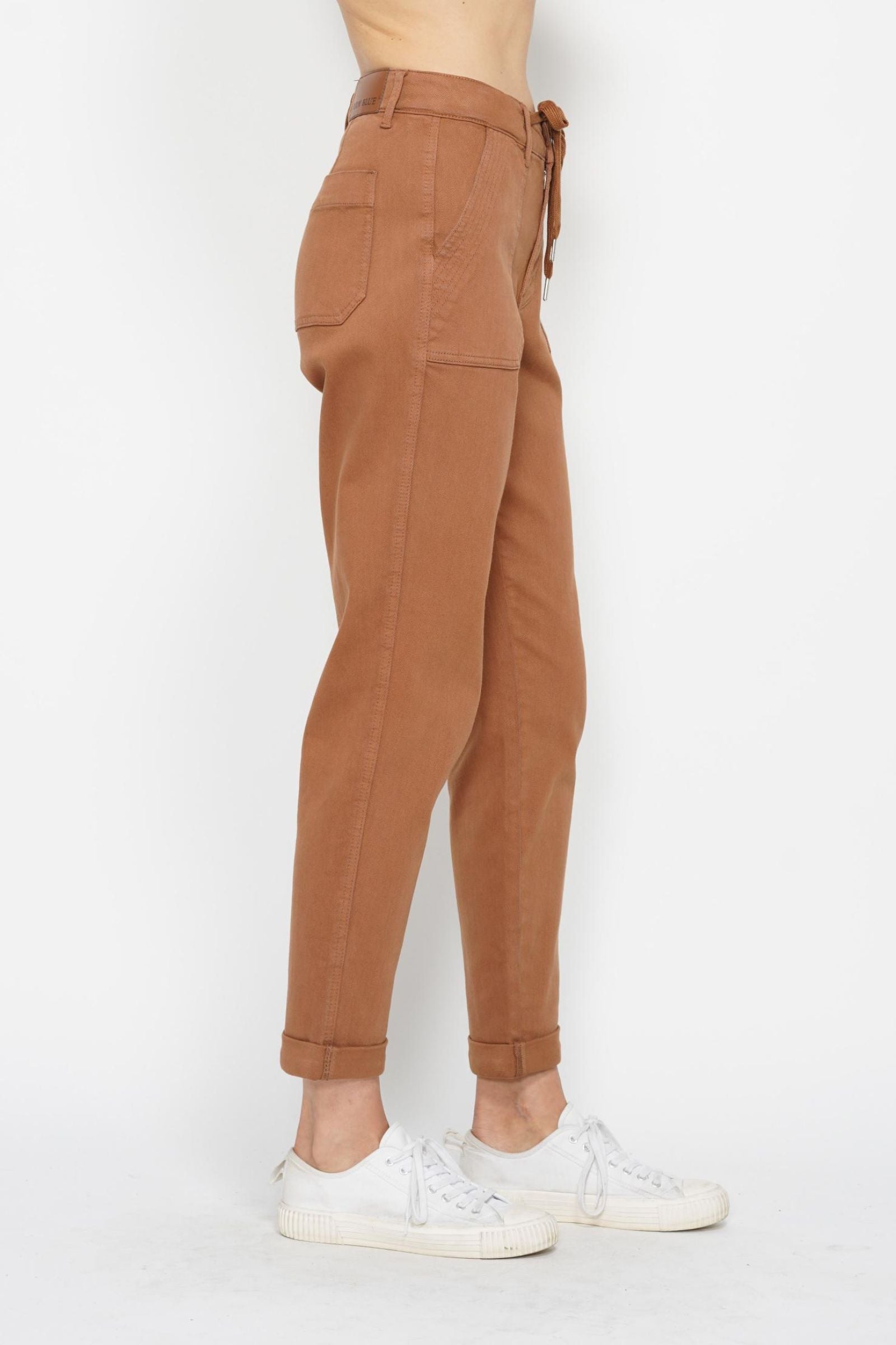 CAMEL HIGH WAIST GARMENT DYED CUFFED JOGGERS JUDY BLUE DENIM-PLUS