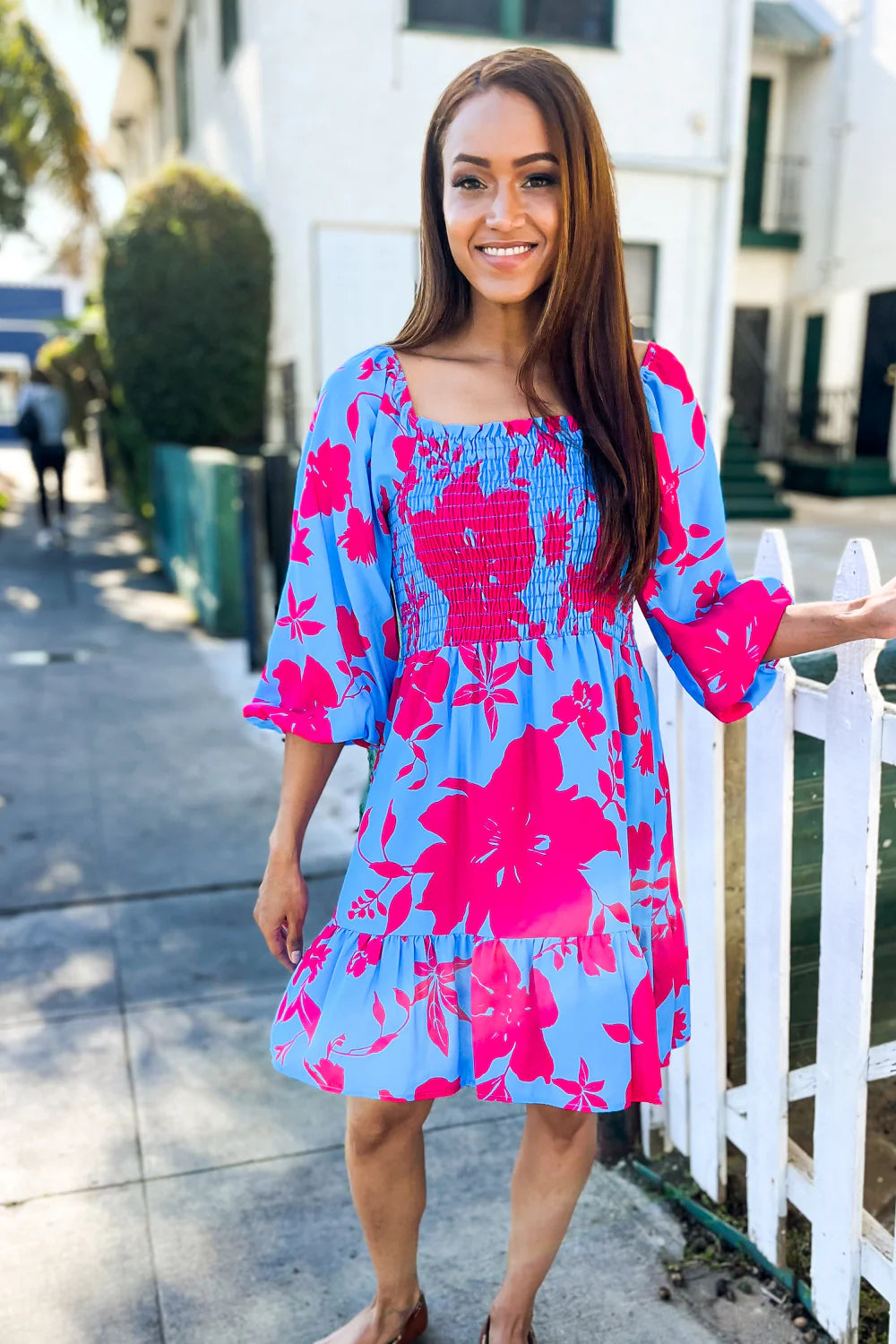 PERIWINKLE BLUE & HOT PINK FLORAL SMOCKED FIT & FLARE DRESS