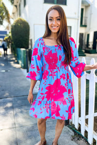 PERIWINKLE BLUE & HOT PINK FLORAL SMOCKED FIT & FLARE DRESS