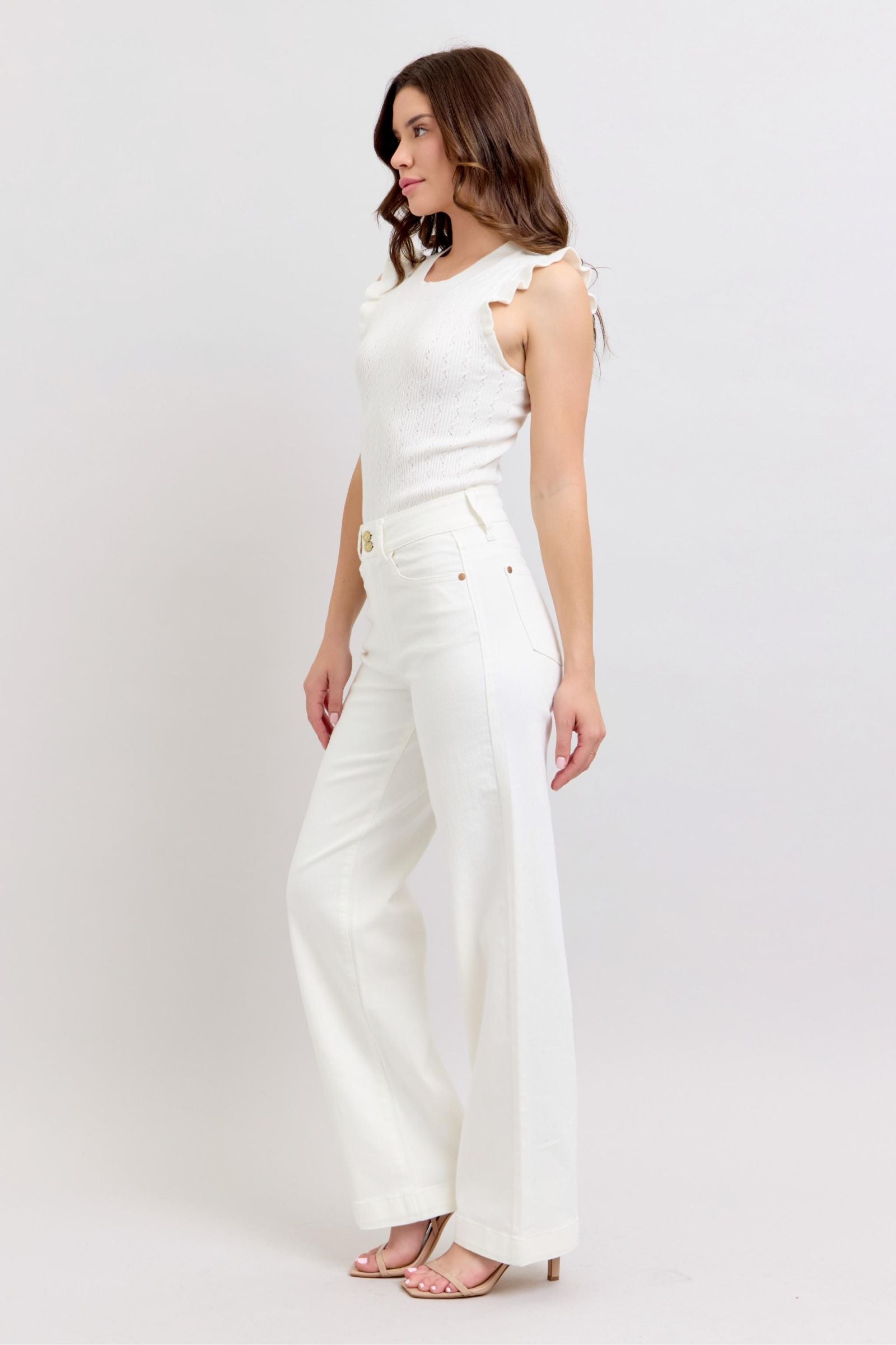 HIGH WAIST DOUBLE BUTTON WAISTBAND TROUSER WHITE WIDE LEG COIN POCKET EMBROIDERY DETAIL JUDY BLUE DENIM