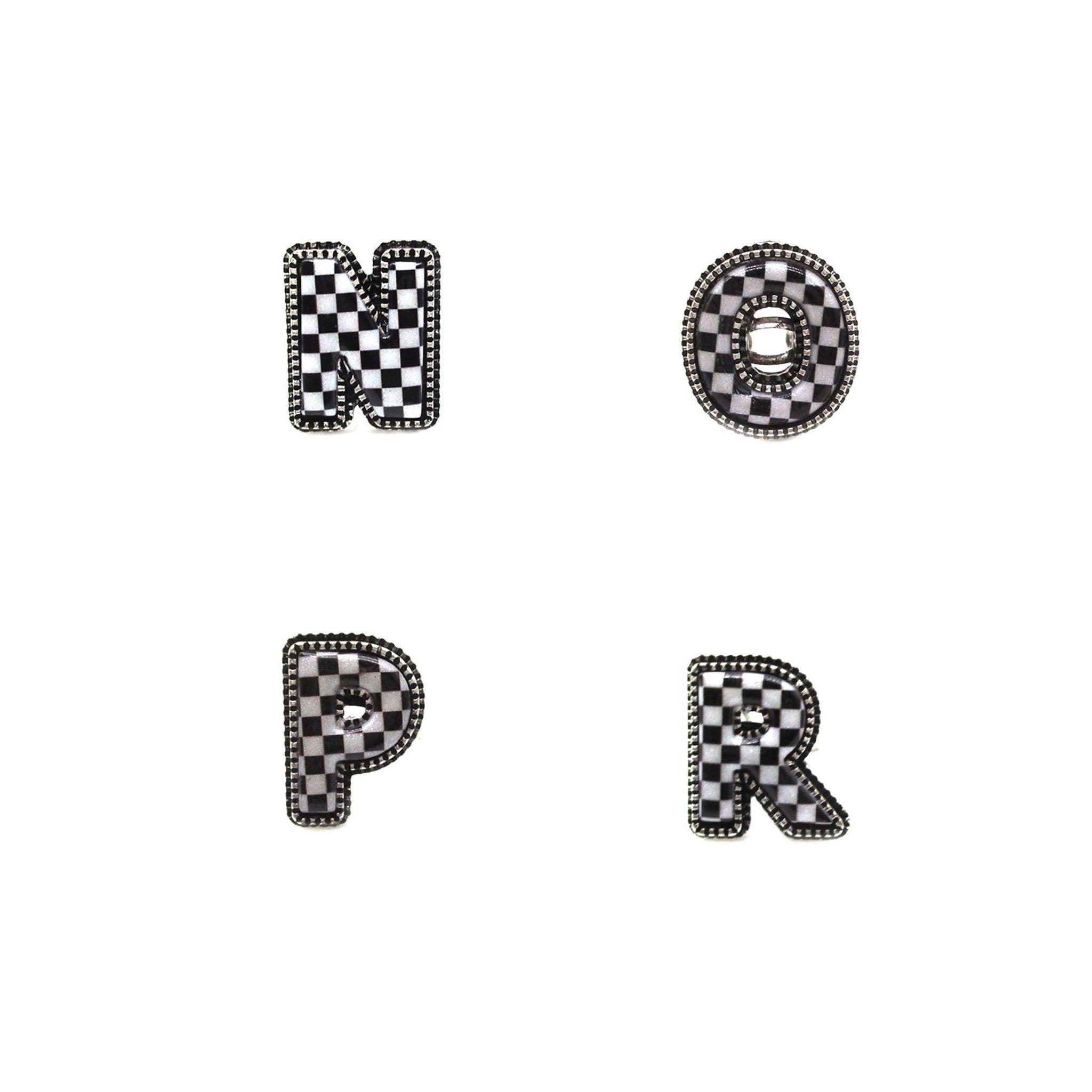 CHECKERED BUBBLE INITIAL BLACK & WHITE ON SILVER ADJUSTABLE CUFF RING