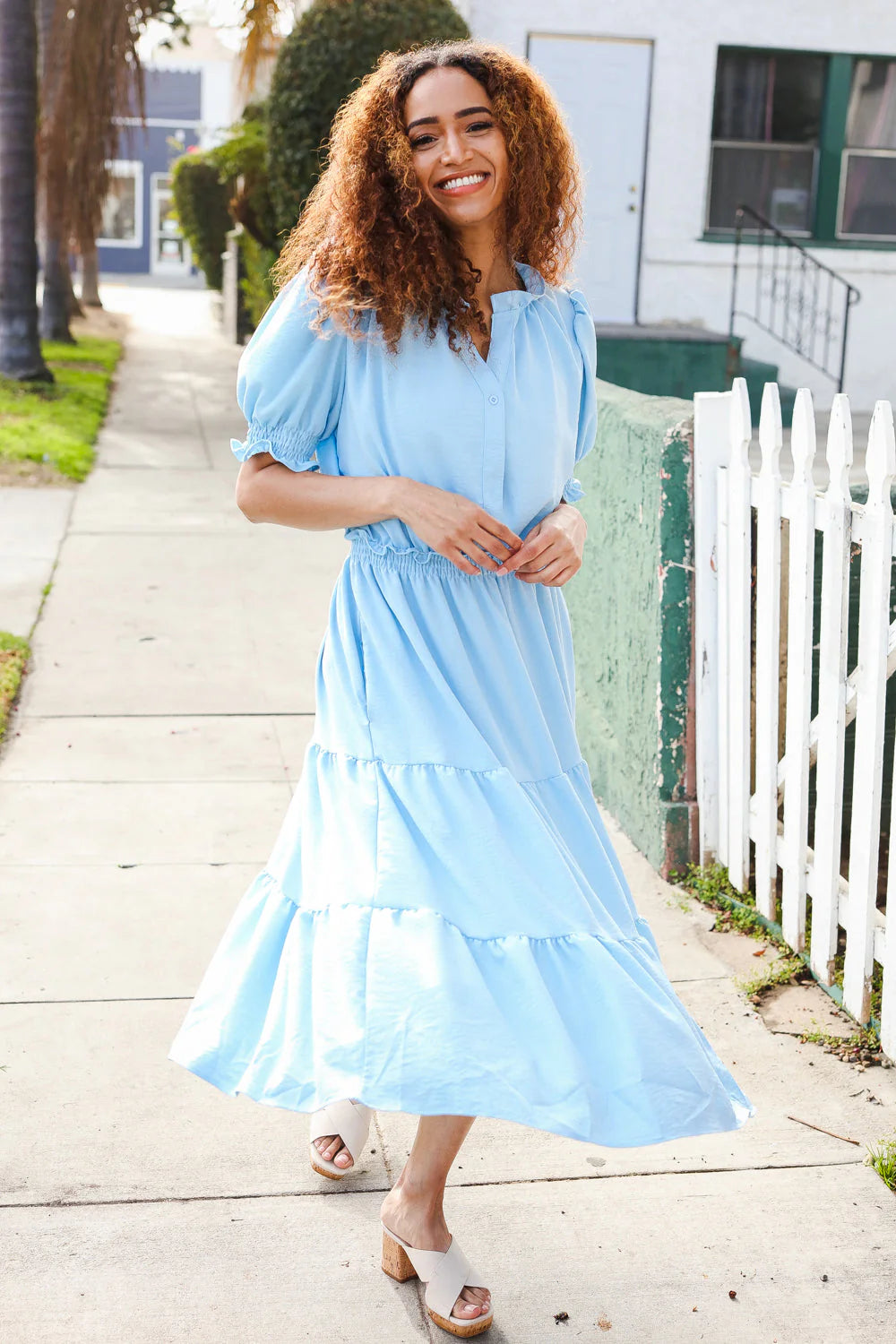 BABY BLUE PERIWINKLE FRILLY NOTCH NECK SHIRRED WAIST TIERED MAXI DRESS