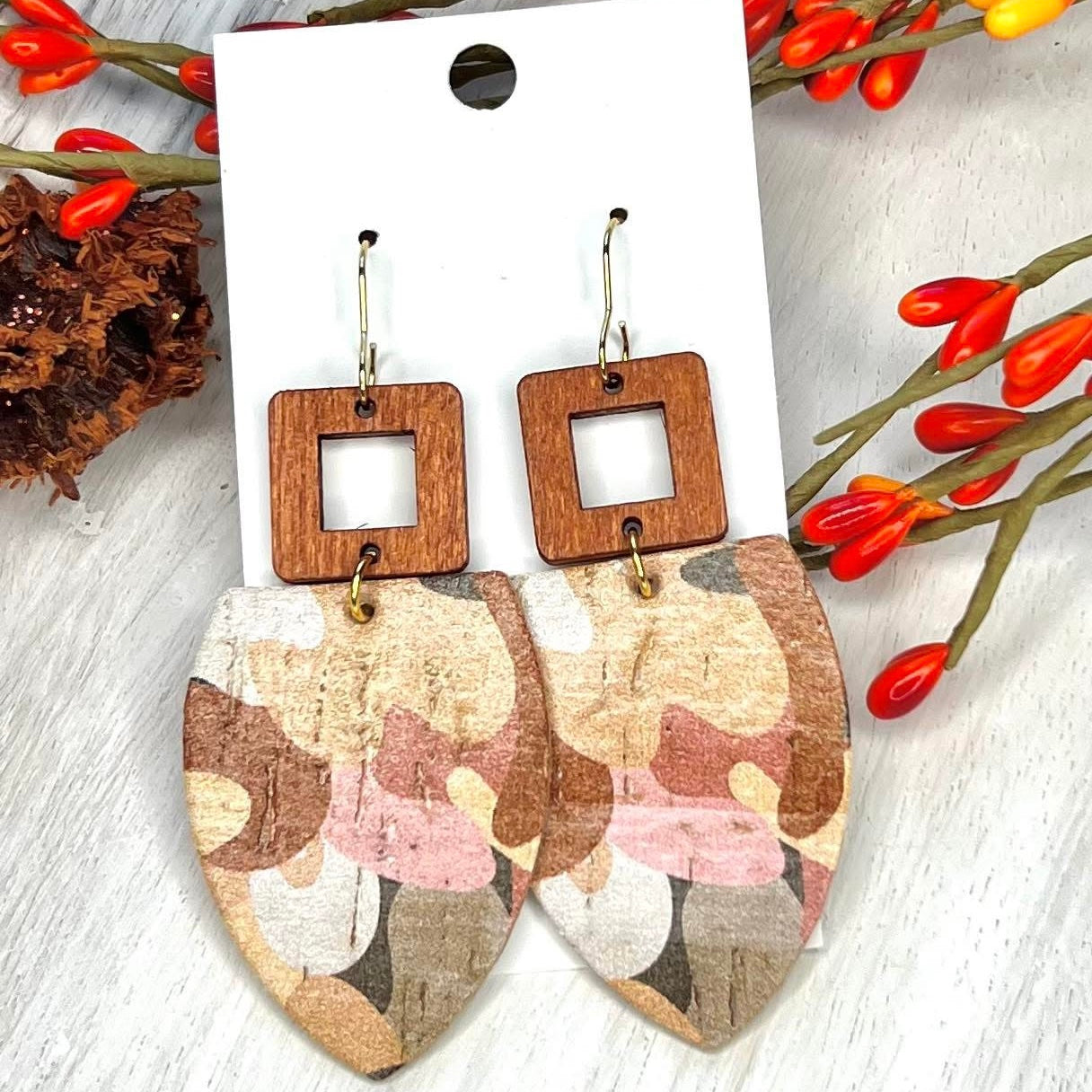 PINK TAN CAMO COLORS LEATHER SQUARE WOOD CHARM HANDMADE EARRINGS BY B.O.D