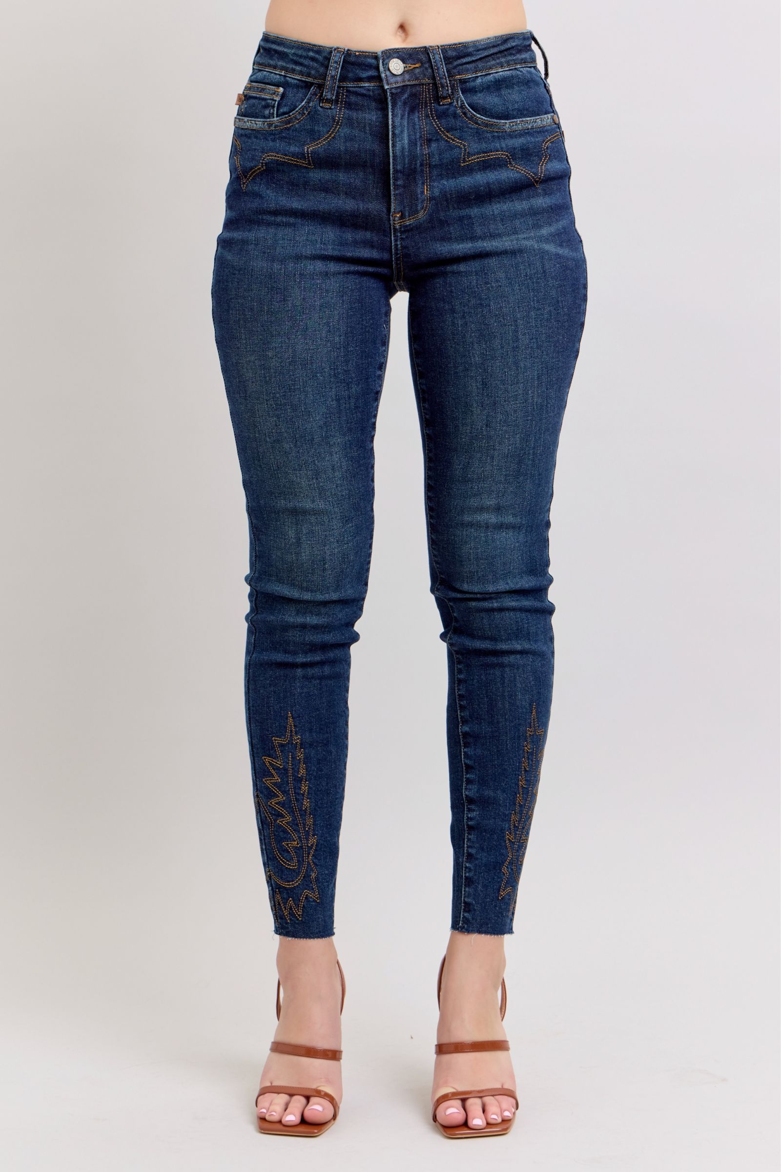 DARKWASH WESTERN EMBROIDERY DETAIL HIGH WAIST SKINNY JUDY BLUE DENIM