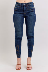 DARKWASH WESTERN EMBROIDERY DETAIL HIGH WAIST SKINNY JUDY BLUE DENIM