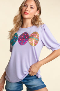 LILAC SEQUINS EASTER EGGS BUBBLE PUFF SLEEVE KNIT TOP-PLUS