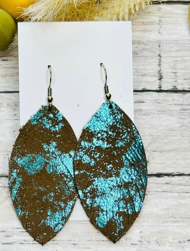 BROWN LEATHER TEARDROP WITH BLUE SPARKLY FRINGE HANDMADE EARRINGS BY B.O.D