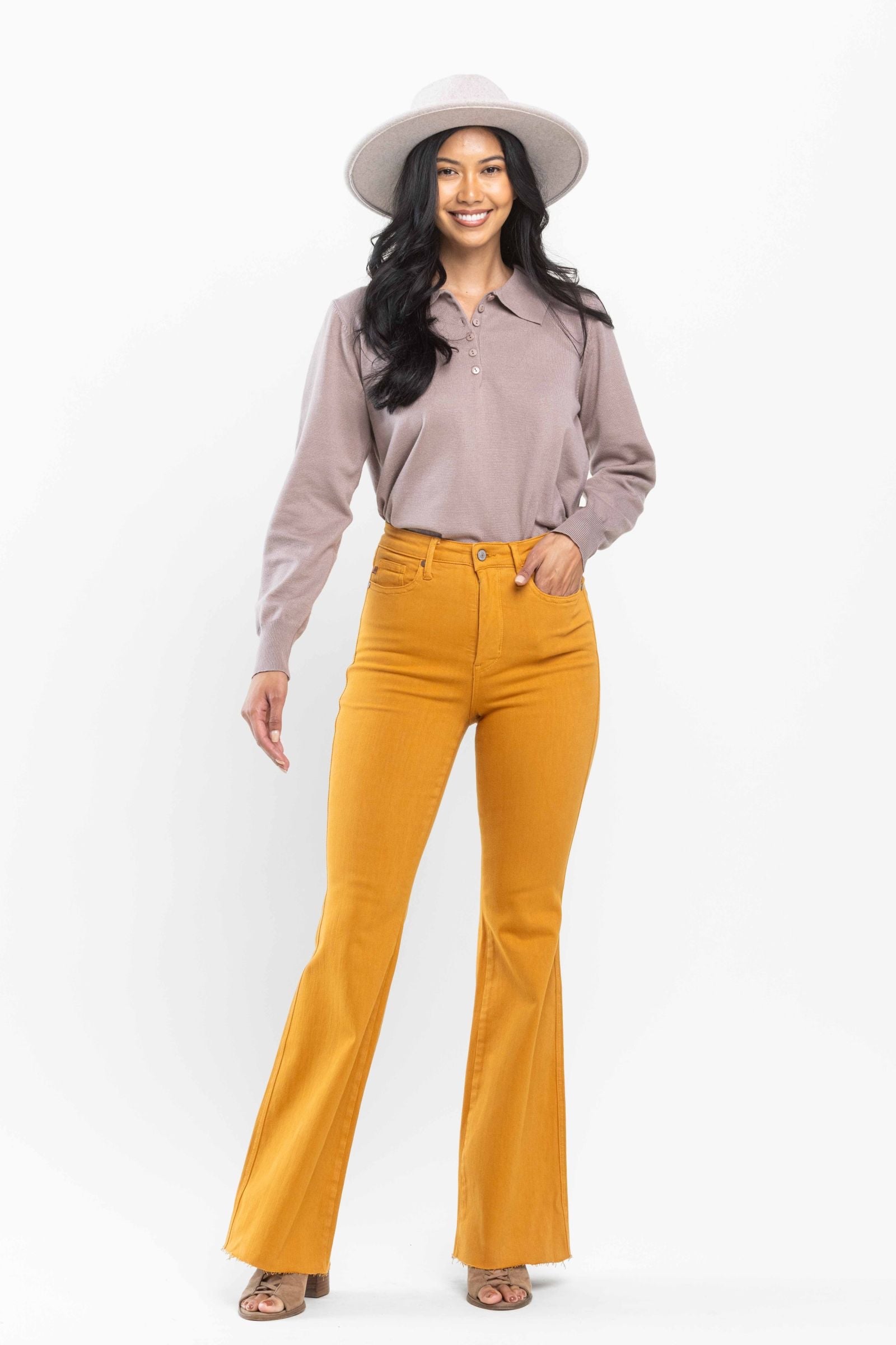 Marigold High Waist Tummy Control Garment Dyed Flare Judy Blue Denim