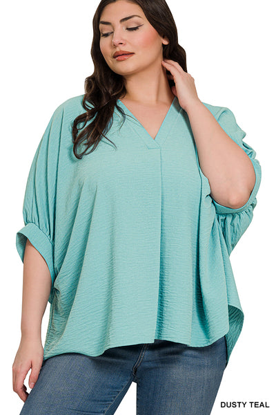 DUSTY TEAL WOVEN AIRFLOW V-NECK PUFF HALF SLEEVE TOP -PLUS