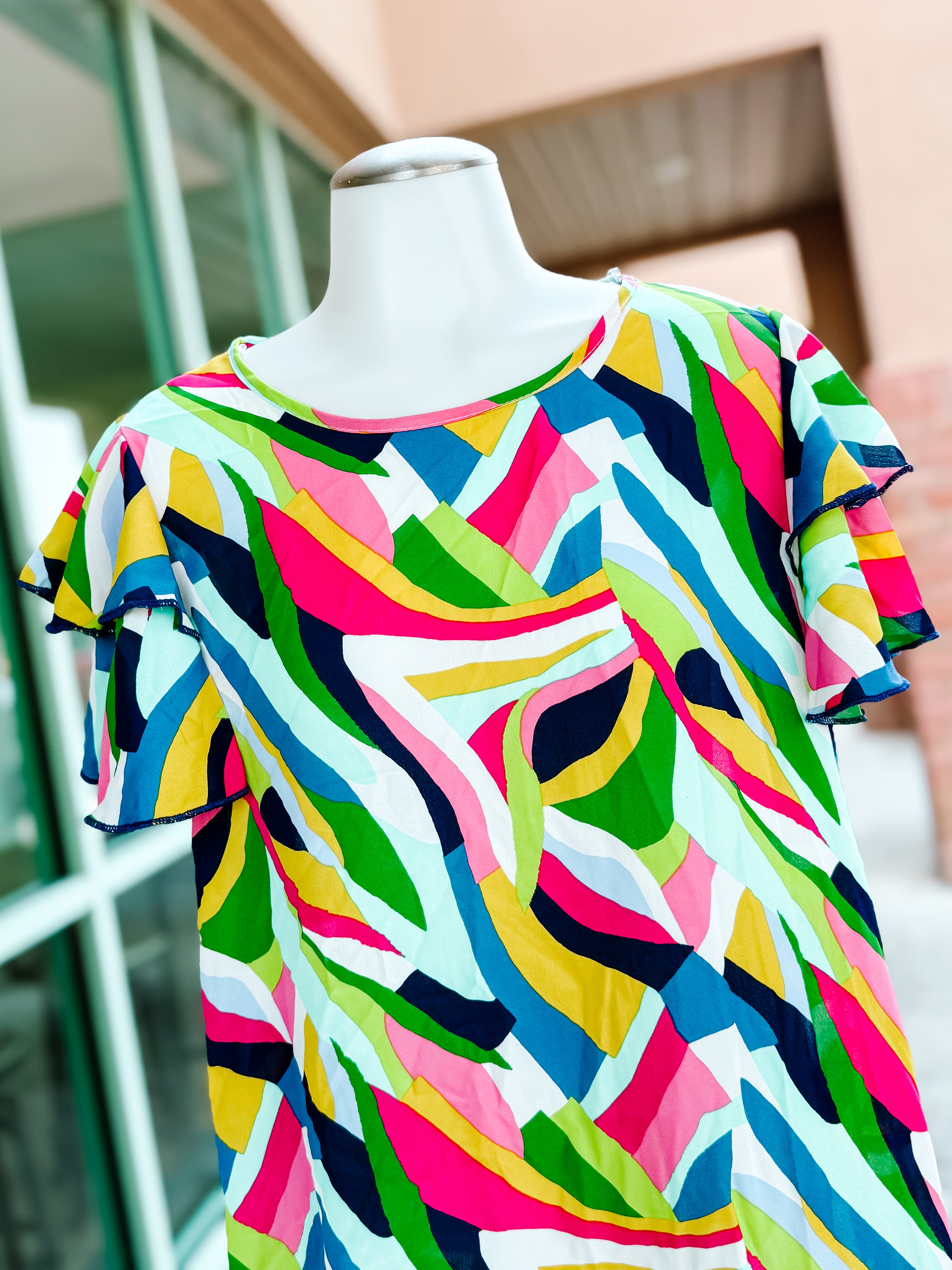 Green Navy Geometric Rufle Top- SALE