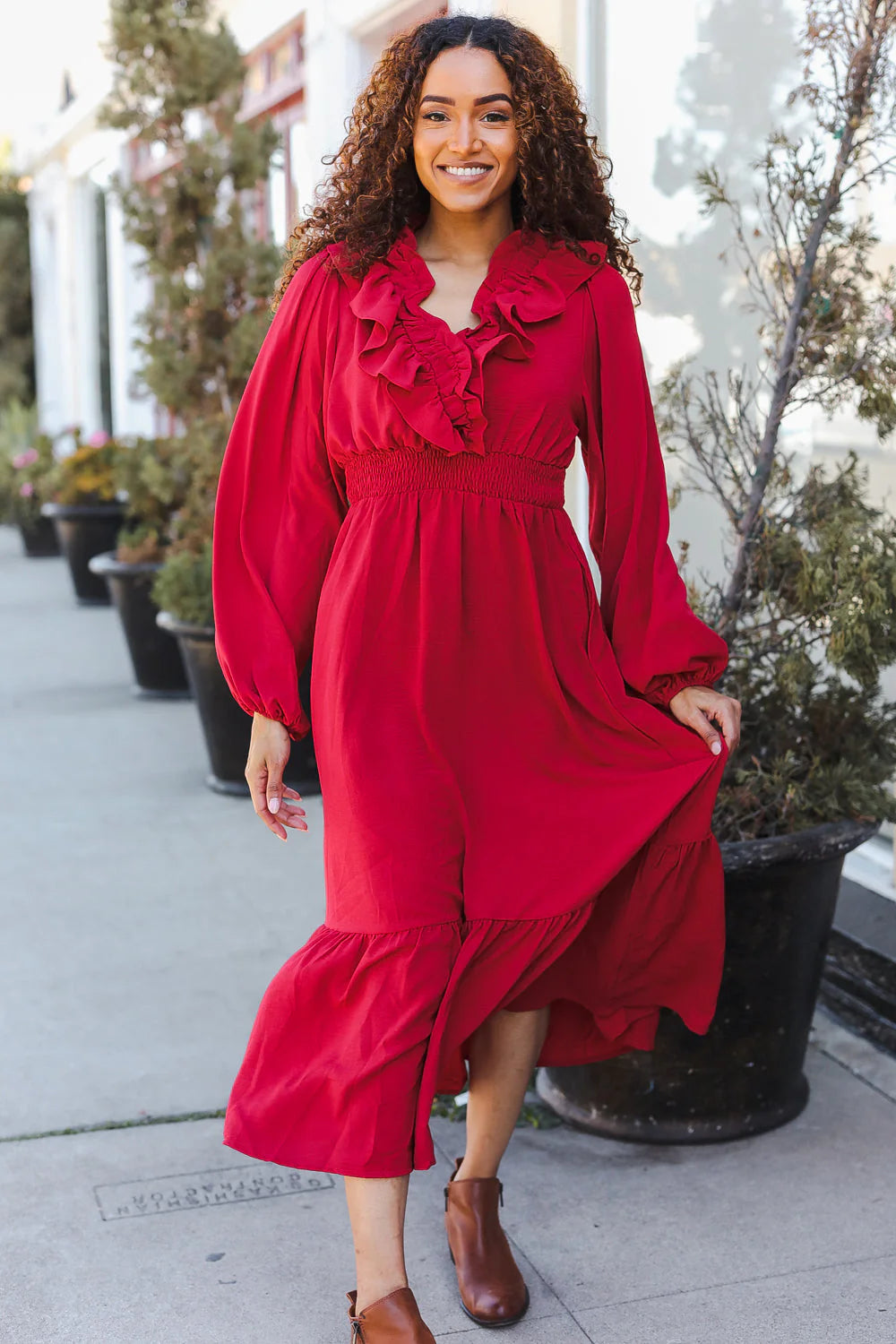 RED BEAUTIFUL YOU HOLIDAY RUFFLE SURPLICE VNECK MAXI DRESS-PLUS