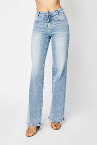 JUDY BLUE HIGH WAIST FRONT YOKE RETRO WIDE MEDIUM WASH DENIM