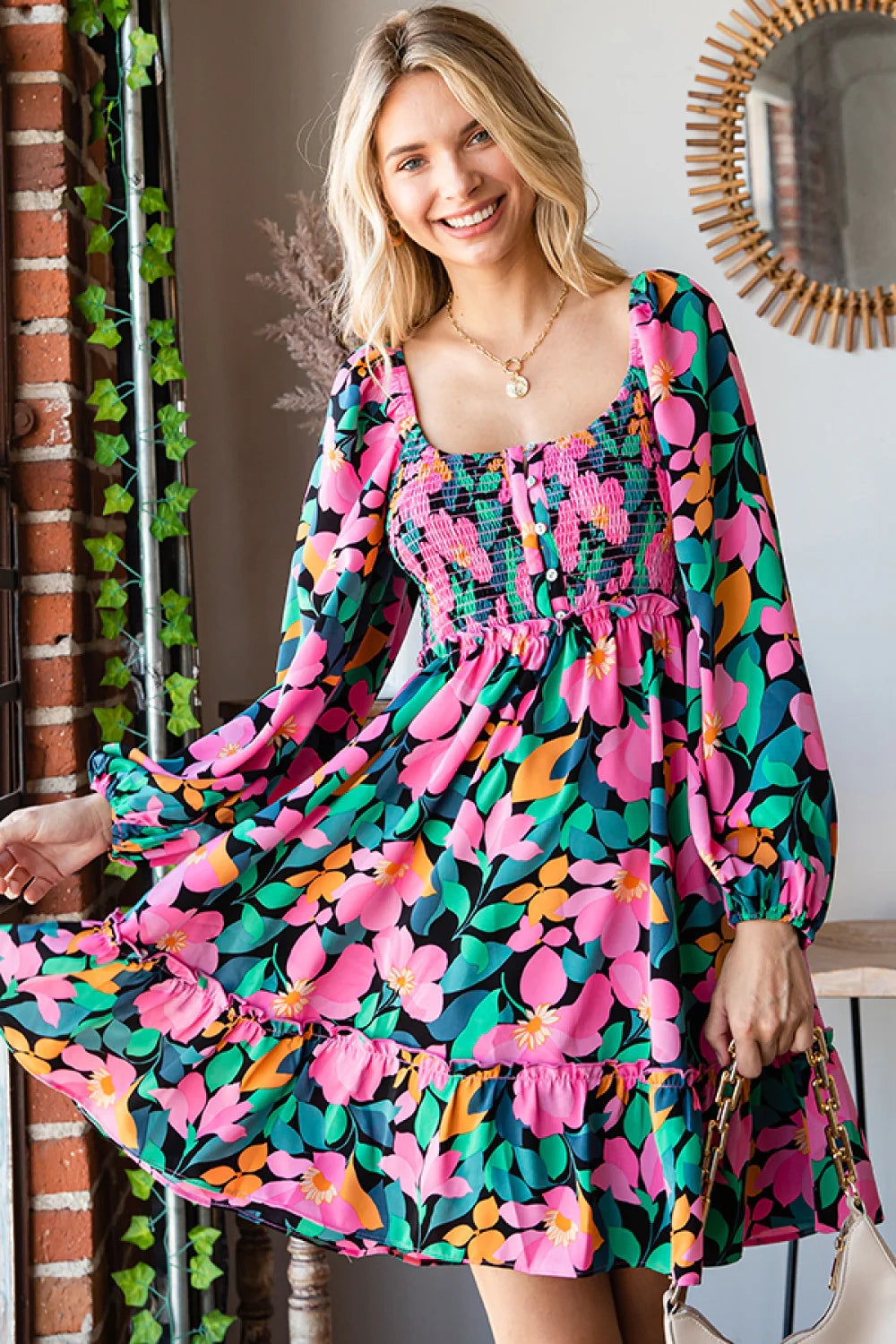 BLACK HOT PINK ORANGE GREEN BLUE FLORAL PRINT SMOCKED FIT & FLARE DRESS
