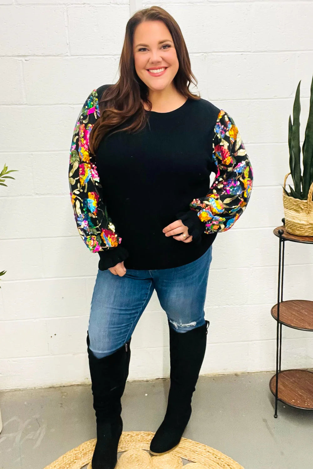 BLACK DIVA DREAMS FLORAL SEQUIN MESH RIB KNIT BLOUSE