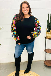 BLACK DIVA DREAMS FLORAL SEQUIN MESH RIB KNIT BLOUSE