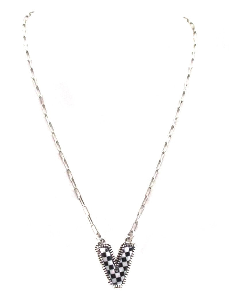 CHECKERED BUBBLE INITIAL BLACK & WHITE ON SILVER CHAIN WITH 18" + 3" EXTENDER NECKLACE