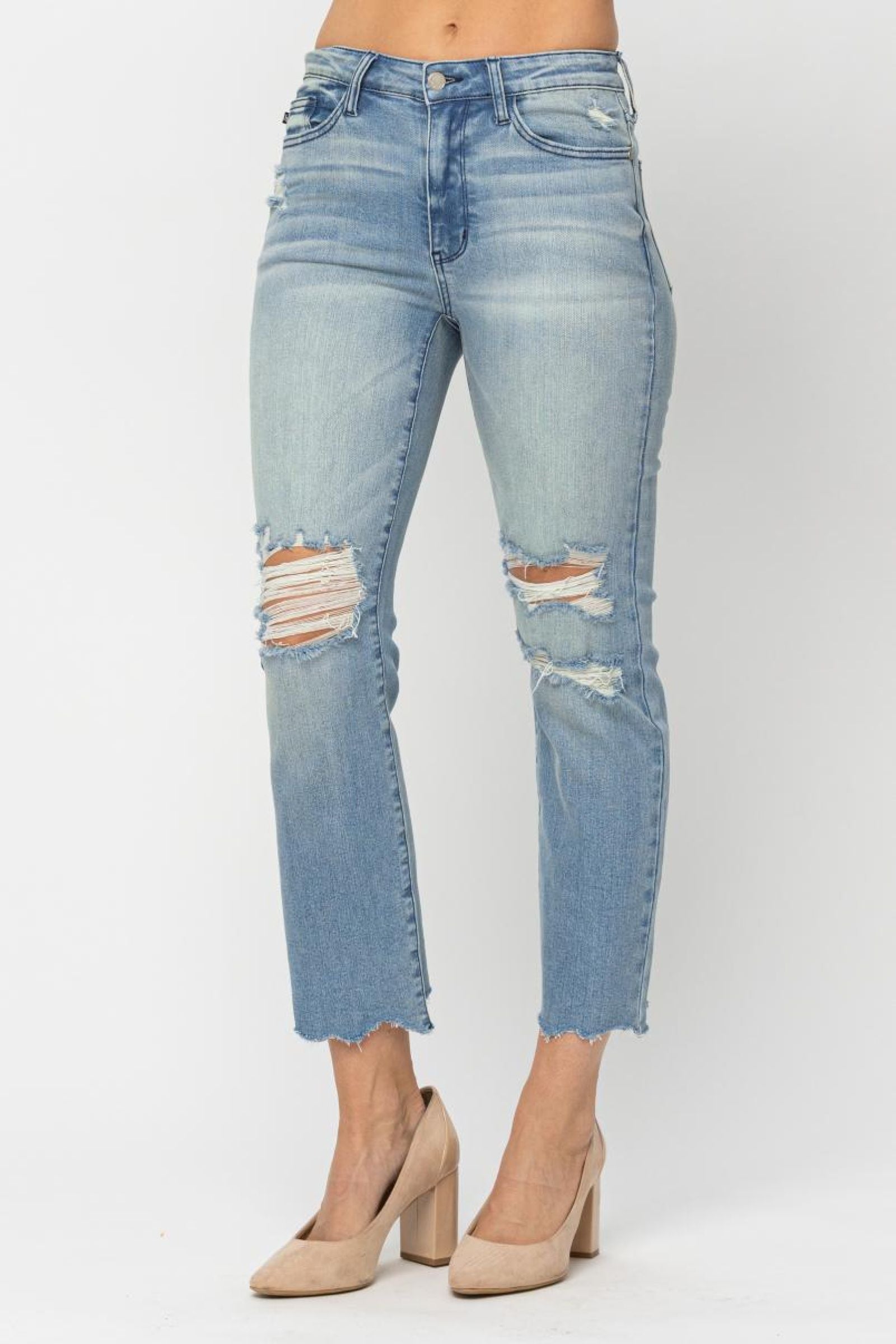 MID RISE TINTED WASH DESTROY CROP STRAIGHT MEDIUM WASH DENIM JUDY BLUE