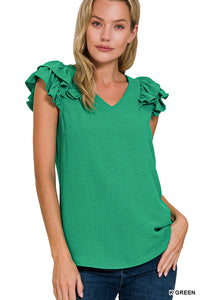 KELLY GREEN WOVEN AIRFLOW TIERED RUFFLE SLEEVE TOP