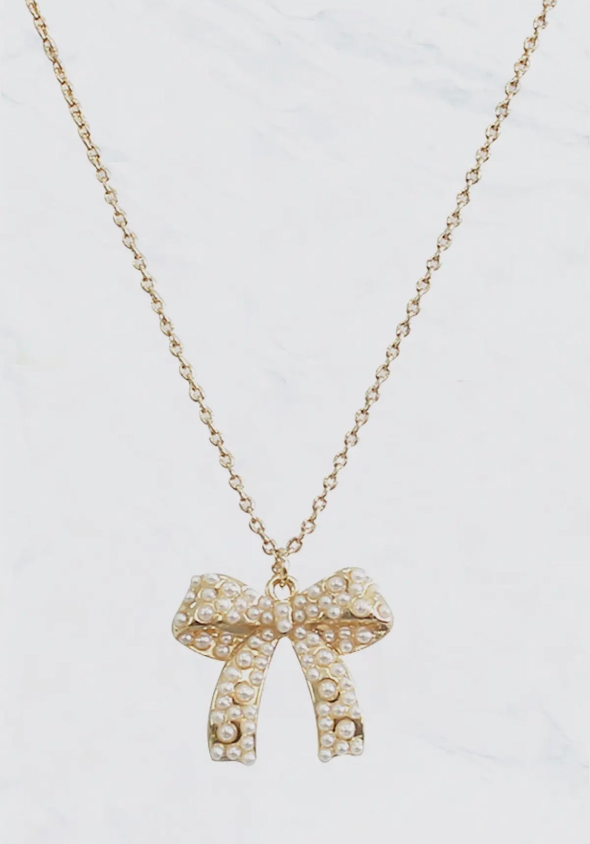 GOLD BOW RHINESTONE/PEARL DAINTY SHORT NECKLACE
