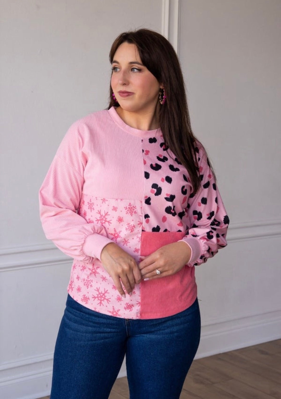 Pink Leopard Snowflake Corduroy Super Soft Holiday Sweatshirt Top