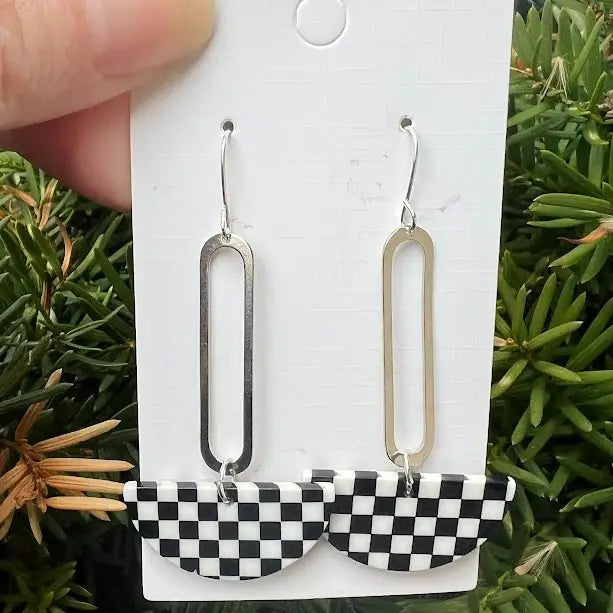 BLACK & WHITE CHECKERED PRINT SILVER SWING ACRYLIC HALF CIRCLE STATEMENT HANDMADE BBB EARRINGS