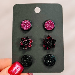 PURPLE Succulent 10mm 3 Pack Black Bezel Druzy Earrings Pack