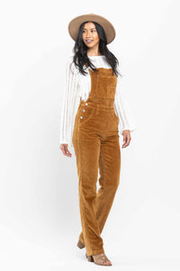 High Waist Camel Over Dyed Corduroy Overalls Straight Fit Judy Blue