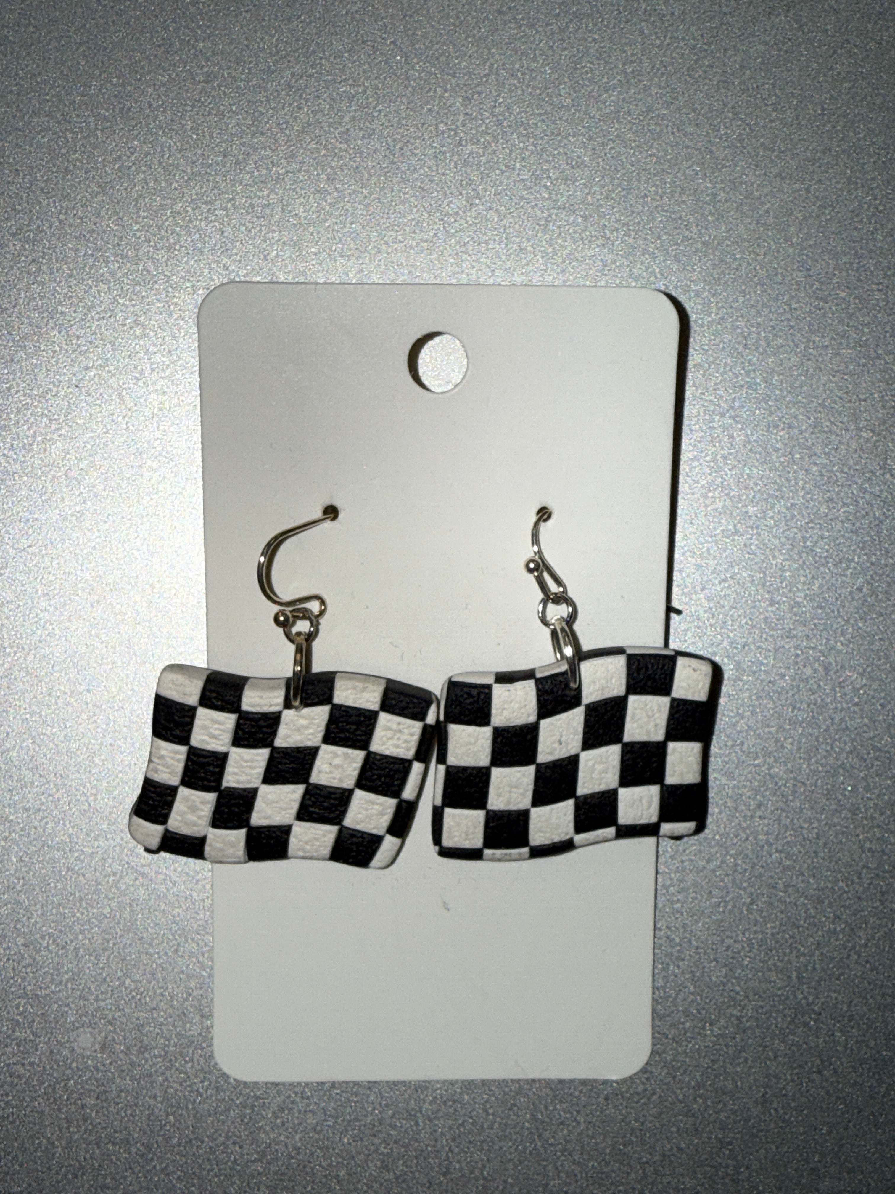 CLAY HANDMADE CHECKERED FLAG DESIGN DANGLE EARRINGS