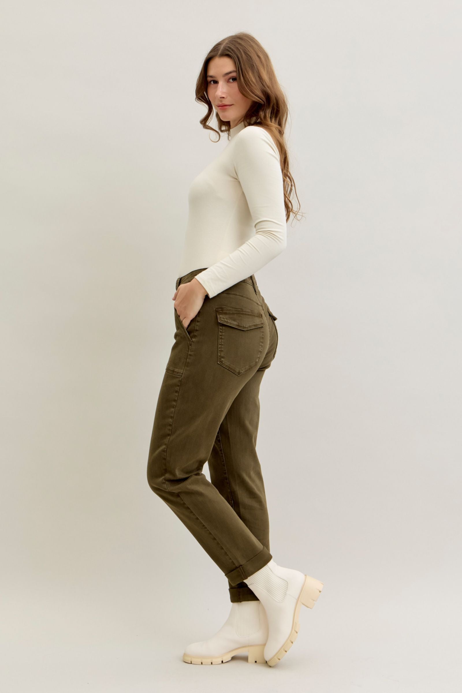 DARK FOREST GREEN HIGH WAIST AURORA WEEKENDER GARMENT DYED CUFFED JUDY BLUE DENIM-PLUS