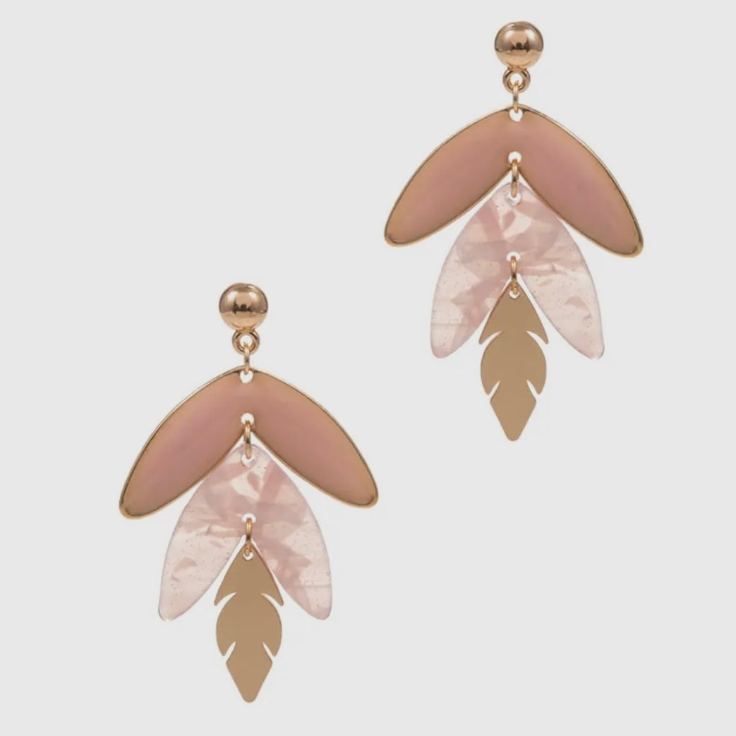 Pink Drop Leaf Enamel Resin Earrings