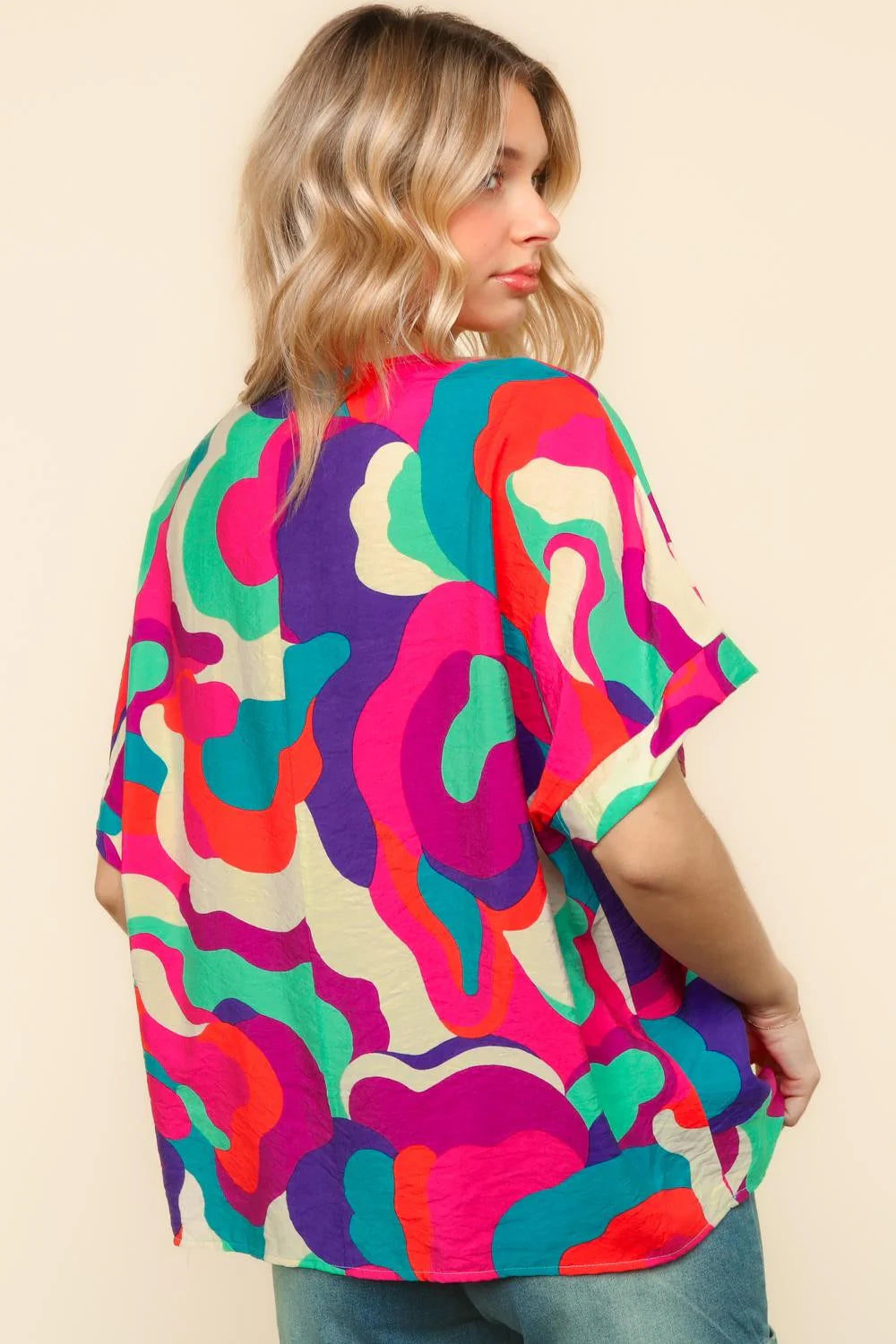 PINK BLUE GEOMETRIC WOVEN DROP SHOULDER TOP