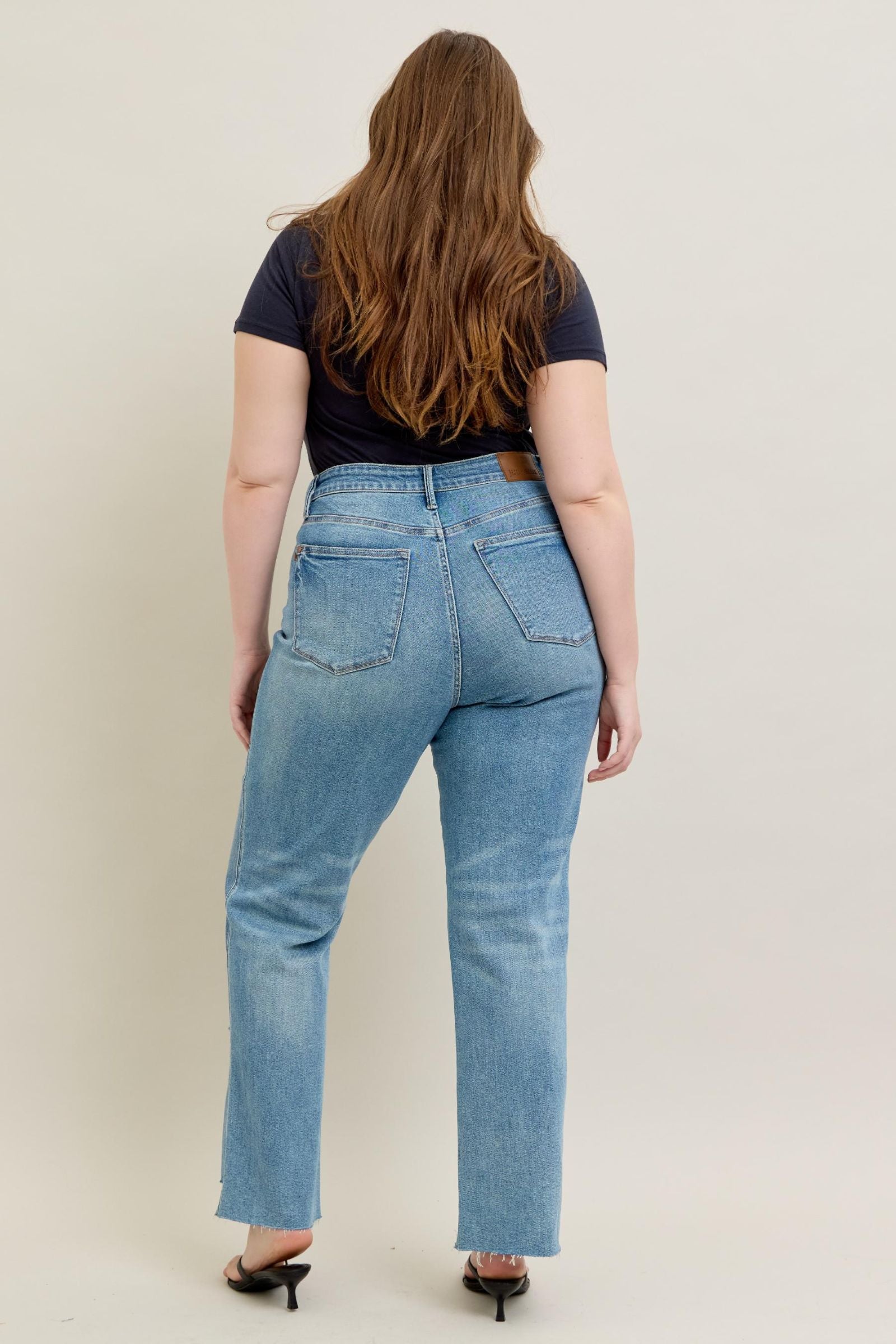 MEDIUM WASH HIGH WAIST RIGID MAGIC STAR SHAPED DESTROYED 90S STRAIGHT JUDY BLUE DENIM-PLUS