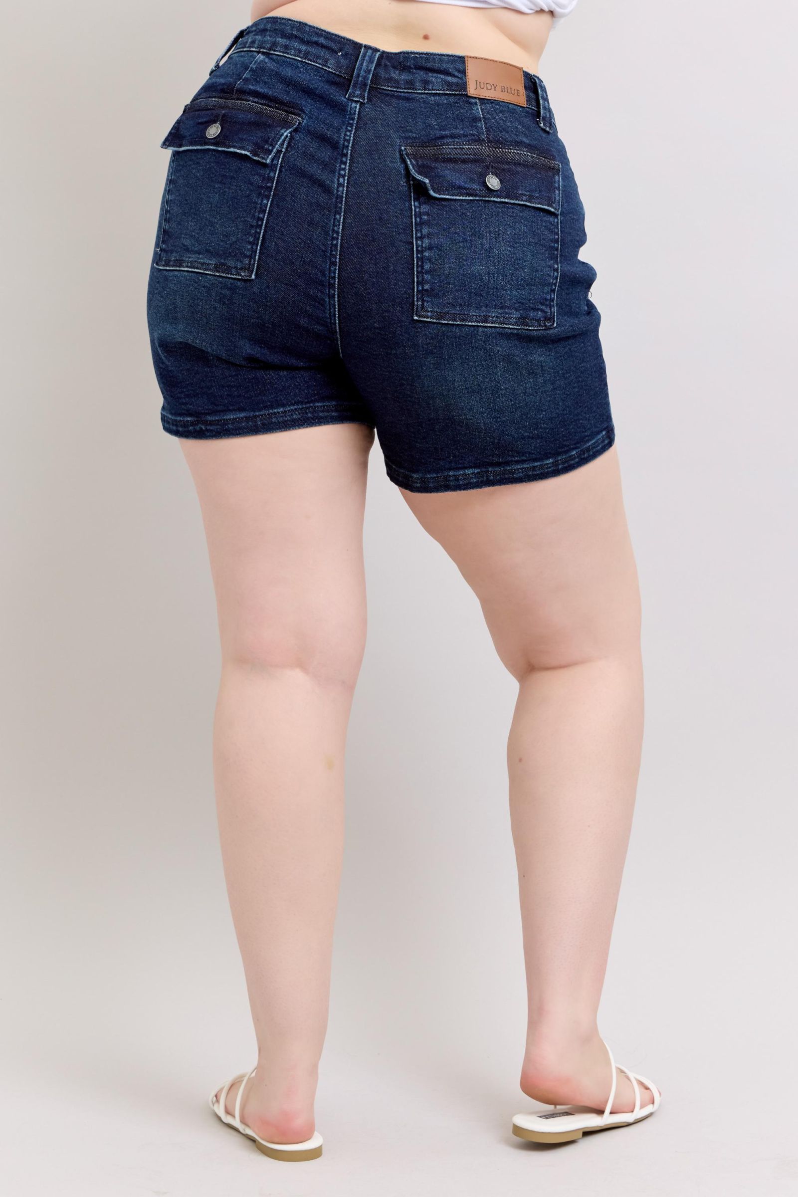 MEDIUM BLUE HIGH WAIST BACK FLAP POCKETED SHORTS JUDY BLUE DENIM-PLUS