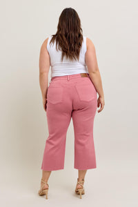 ROSE HIGH WAIST GARMENT DYED RAW HEM CROP WIDE LEG JUDY BLUE DENIM-PLUS