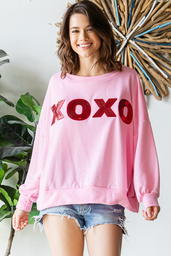 PINK XOXO OVERSIZED SEQUIN PATCH SWEATSHIRT-PLUS