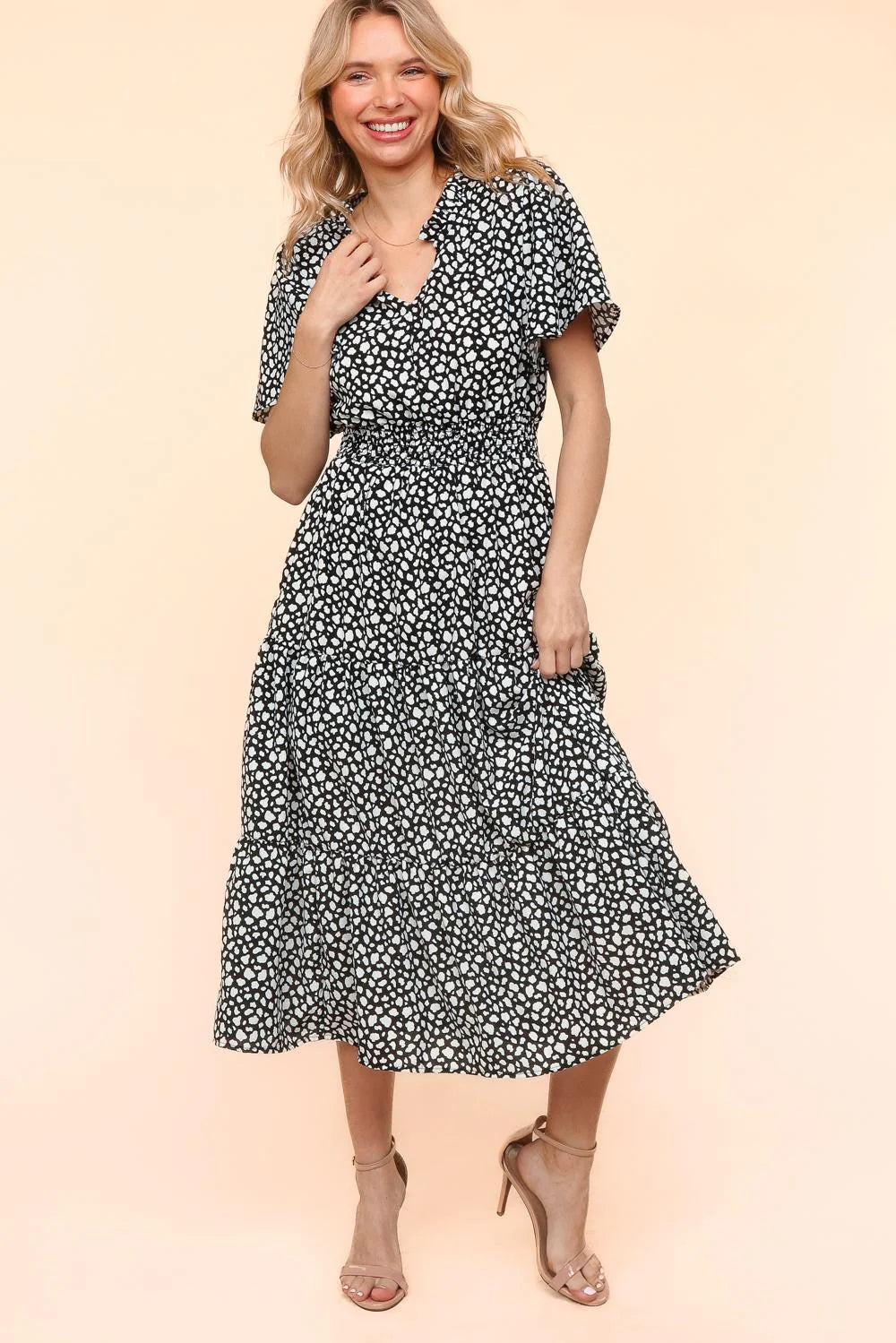 BLACK WHITE FIT & FLARE SMOCKED WAIST ANIMAL PRINT MAXI DRESS