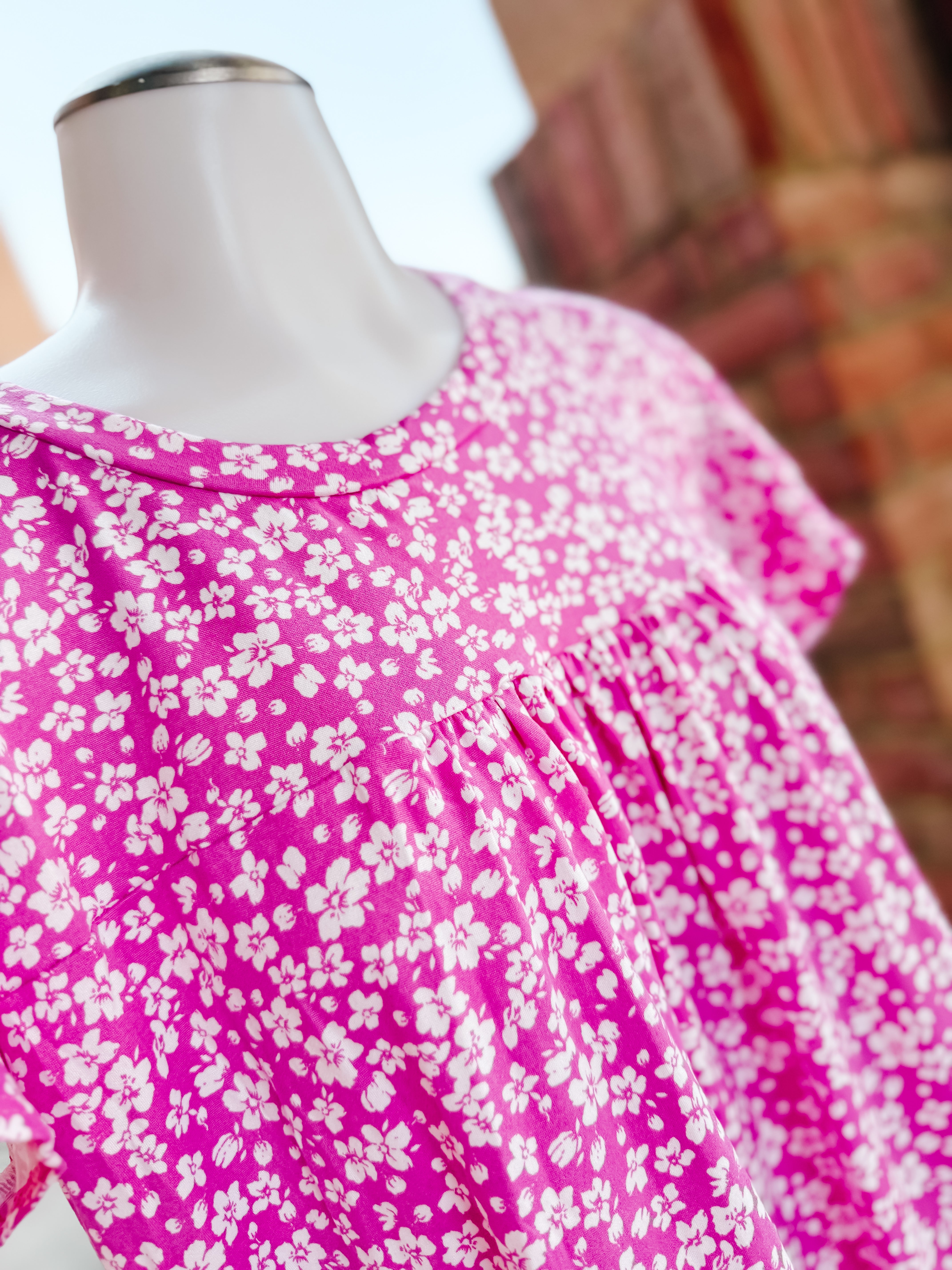 Fuchsia Floral Ruffle Short Sleeve Top- SALE