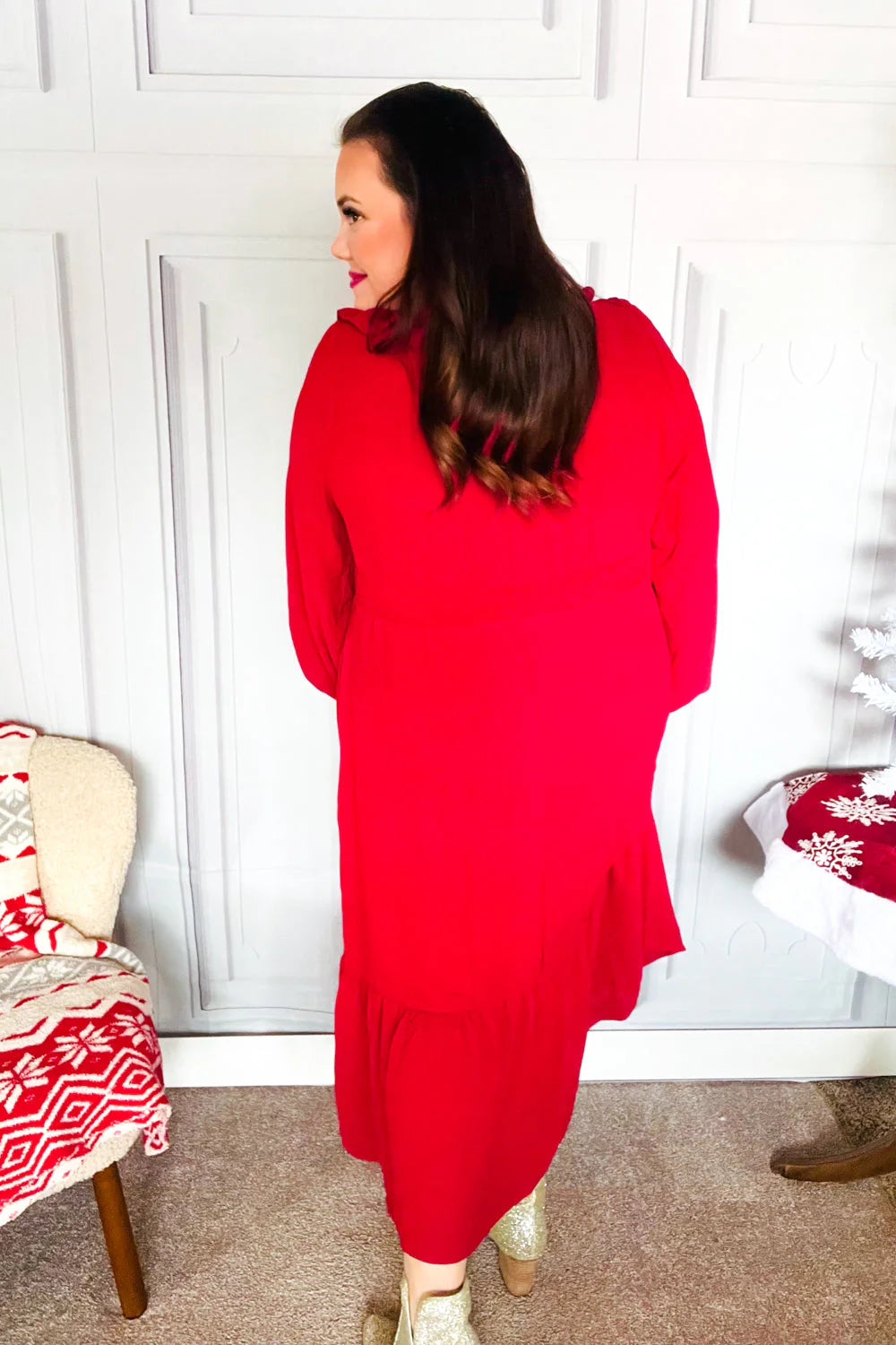 RED BEAUTIFUL YOU HOLIDAY RUFFLE SURPLICE VNECK MAXI DRESS-PLUS
