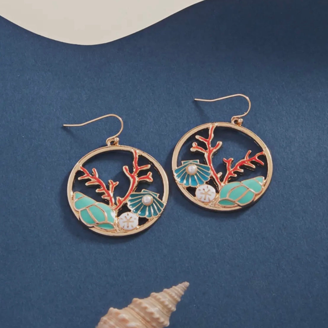 Coral Reef Enamel Pendant Hook Earrings