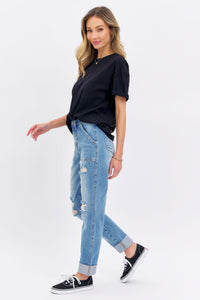 HIGH WAIST PATCH POCKET & DESTROYED BOYFRIEND MEDIUM WASH JUDY BLUE DENIM