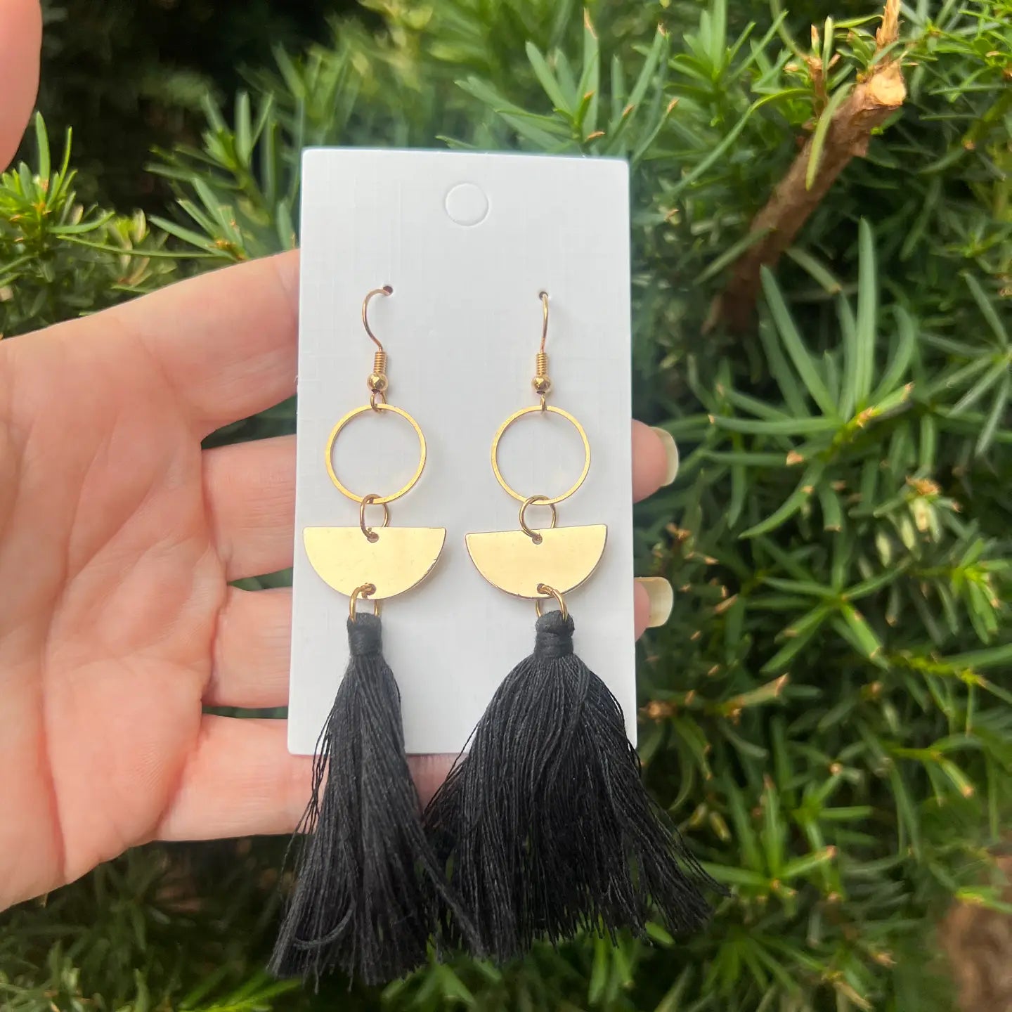 GOLD SEMI CIRCLE BLACK TASSEL STATEMENT HANDMADE BBB EARRINGS