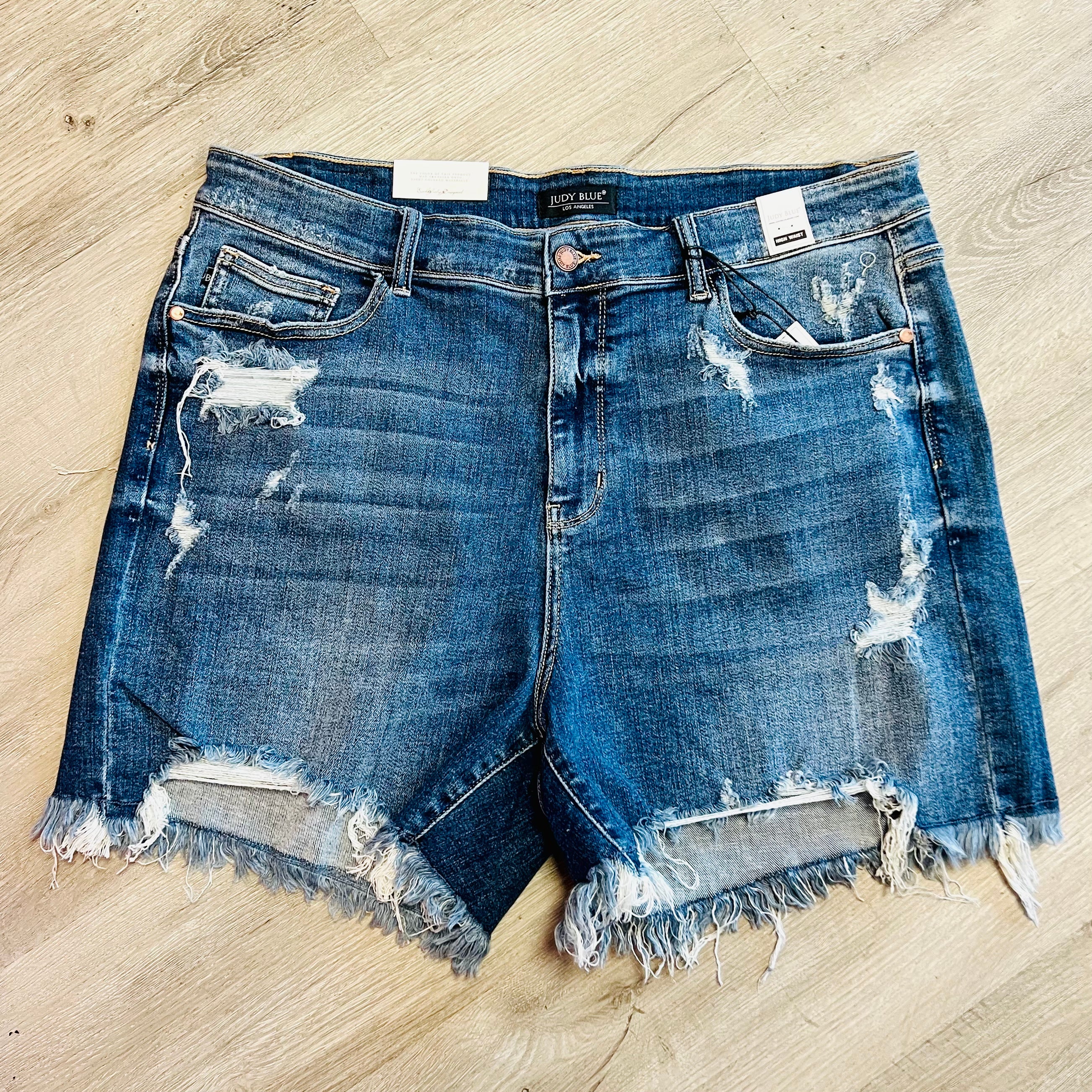 Judy Blue Very Distressed Darkwash High Waist Denim Shorts-PLUS