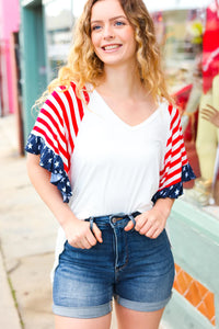 RWB STARS & STRIPES RAGLAN STYLE RUFFLE TOP