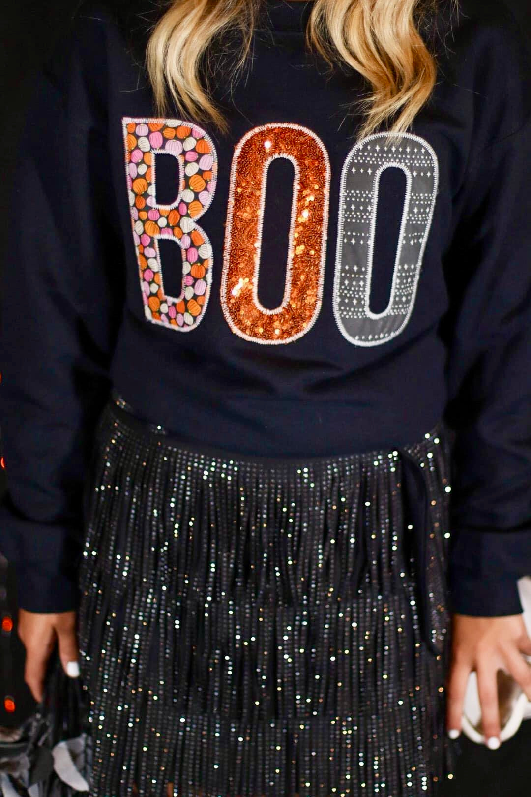 BOO SEQUINS PUMPKIN SPOOKY BLACK HANDMADE APLIQUED SWEATSHIRT